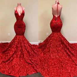 Gorgeous Red Halter Floral Mermaid Prom Dresses Sleeveless Backless Glitter Sequined Brithday Party Gowns Women Celebrity Evening Dress 2023