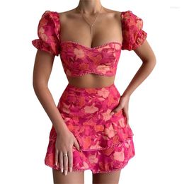 Work Dresses Summer Skirts Set Outfits Women Solid Floral Print Short Sleeve Strapless Crop Tops Ruffles Mini Casual Beach Zzbx