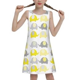 Party Dresses Girls Sleeveless Vest Dress Yellow-gray Cute Elephant Round Neck Swing A-line Casual Soft Summer