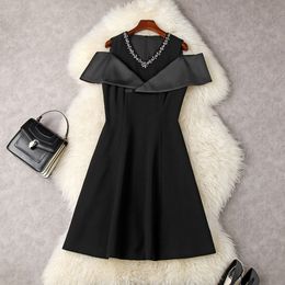 Summer Off Shoulder Knee-Length A-Line Dress Round Neck White / Black / Red Solid Colour Rhinestone PanelledElegant Casual Dresses 22A194012