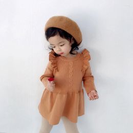 Girl Dresses Autumn Winter Casual Knitted Dress Baby Girls Solid Print Ruffle Design Long Sleeve Kids Princess