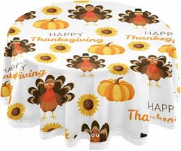 Table Cloth Happy Thanksgiving Day Round Tablecloth Turkey Pumpkin Cover Lace Washable Polyester 60" Dining Decor For Holiday Party