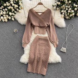 Work Dresses Women Winter Sexy Sweater Sets 2023 Vintage Knitting Suits Long Sleeve V-neck Pullover A Line Skirts 2 Pieces Set