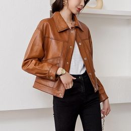 Women's Leather 2023 Vintage Genuine Short Jacket Women Autumn Sheep Skin Slim Fit Coat Motorcycle Jackets OL Street Casual Coa