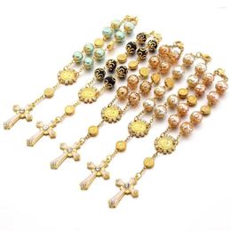 Charm Bracelets 5 Colors Glass Pearl Cross Pendant Gold Color Beaded Rosary Bracelet Handmade Curved Needle Religious Catholic Jewelry Gift