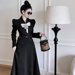 Two Piece Dress Spring and Autumn Season Elegant High end Slim Women s Long Sleeved Black Blazer Bownot Top Skirt Two piece Suit 230303