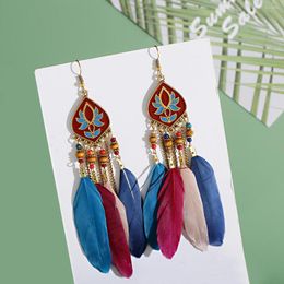 Dangle Earrings Pendiente Gypsy Long Feather Summer Woman's Colourful Lotus Chian Earring Charms Tibetan Jewellery