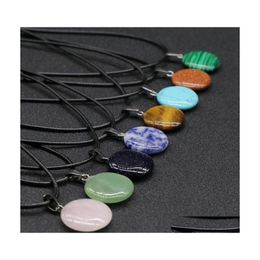 Pendant Necklaces 20Mm Flat Round Stone Crystal Quartz Opal Necklace Leather Chains For Men Women Fashion Jewelry Drop Delivery Penda Dht7N