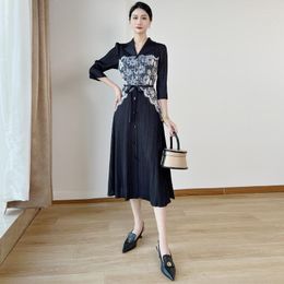 Casual Dresses Women's Miyake Pleated Cartoon Print Long-sleeved Temperament Fold Dress 2023 Spring Autumn Fashion Slim