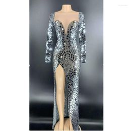 Stage Wear Sparkly Women Long Sleeve Transparent Dress Birthday Celebrate Outfit Prom Party Bar Dance