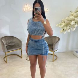 Two Piece Dress Casual Women Denim Skirt Jeans Set Solid Color Streetwear Tracksuit Matching Crop Tank Top Mini Skirts Clothing 230303