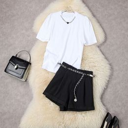 Summer Short Sleeve T-Shirt Two Piece Suits Round Neck White / Black Solid Colour Top & Denim Belted Short Shorts 2 Pieces Set 22A194039