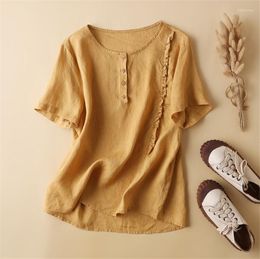 Women's Blouses Limiguyue Solid V-Neck Shirt Women Cotton Linen Literary Loose Summer Blouse Vintage Bottons Pullover Short Sleeve Tops