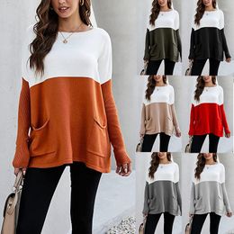 Women's T Shirts Loose T-shirts Women Jumpers Long Sleeve O-neck Tops Woman Pullovers Female Contrast Color Sexy Pockets Cloth Undershit