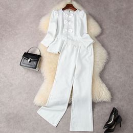 Spring Summer 4/5 Sleeve Two Piece Suits Round Neck White / Black Striped Bow Top & High Waist Wide Leg Trousers Pants 2 Pieces Set 22M0423011