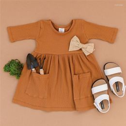 Girl Dresses Baby Girls Autumn Knit Cotton Dress Three Quarter Sleeve Solid Pocket Knee Length A-Line Princess Party 4 Colours