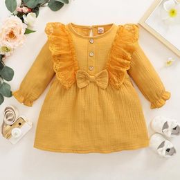 Girl Dresses Fashion Autumn Infant Baby Girls Dress Solid Ruffles Long Sleeve Bowknot Lace Button A-Line 2 Colours Casual Vestidos