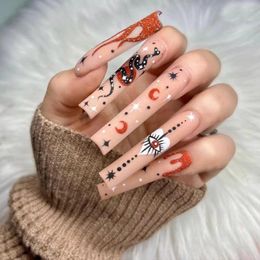 False Nails Long Coffin Nail Ballerina Fake Frosted Flash Pink Flame Serpentine Star Moon Full Cover Tips Set Press On