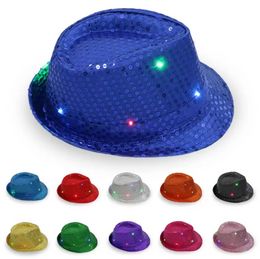 LED Jazz Hats Flashing Light Up Fedora Caps Sequin Cap Fancy Dress Dance Party Hats Unisex Hip-Hop Lamp Luminous Cap U0304