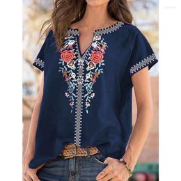Women's Blouses V-neck Short Sleeve Summer T-Shirts Ethnic Style Tops Floral Casual 5XL Blouse Women Vintage Loose Fashion Clothes Blusas
