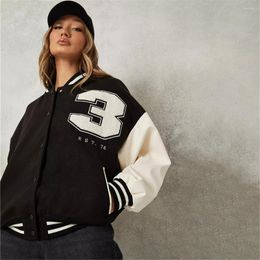 Women's Jackets Classic Women Loose Baseball Jacket Single-Breasted Black White Contrast Colour Number Pattern Long Sleeve Coat Spring Fall