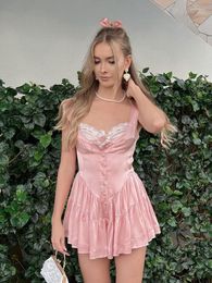 Casual Dresses Boho Inspired PINK SATIN ROMPER DRESS Women Buttons Off Shoulder Ruffle 2023 Summer Party Vintage Laides