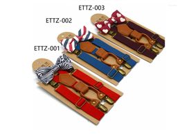 Bow Ties Cute 4 Clips Y Shape Kid Brown Tan Leather Suspender And Print Tie Bowtie Set Birthday Outfit Adjustable