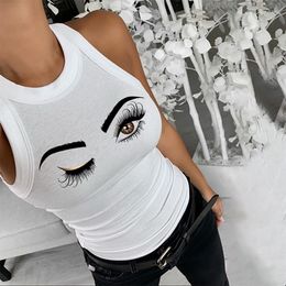 Women's Tanks 2023 Summer Women O Neck Eyelash Print Sexy Sleeveless Kawaii ClubWear White Sister T-Shirts Casual Tight Ladies Tank Tops