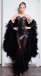 Stage Wear Black Sparkly Crystals See Through Mesh Long Trains Feather Dress Birthday Celebrate Stones Fringes Costume Dance Outfit