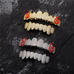 New CZ Teeth Grillz Set For Unisex 8 Top Bottom Iced Out Cubic Zircon Stone Brass Material Hip Hop Cosply Jewellery