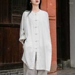 Women's Blouses Johnature Vintage Linen Women Shirts Stand Collar Button 2023 Summer Solid Colour Top Long Sleeve Loose