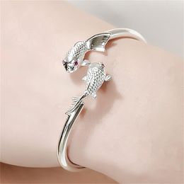 Bangle Silver Cuff Bangles For Women Double Fish Charm Bracelet & Open Pulseira Femme Wristband Wedding Jewellery Accesories Gifts