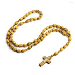 Pendant Necklaces Oval Wooden Bead Catholic Rosary Necklace Christ Crucifix Cross Men Women Religious Prayer Jewelry