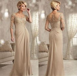 Vintage Champagne Mother of Bride Groom Dresses 3 4 Sleeve Sheer Neck Appliques Beads Chiffon Long Evening Occasion Gowns Formal For Women BC1525