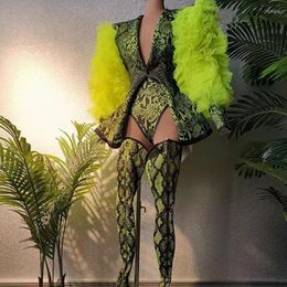 Stage Wear Women Performance Dance Costume Mesh Puff Sleeve Snake Print Sexy Nightclub Party Outfit Suit Jazz Clothing