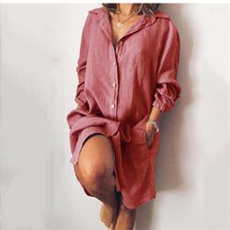 Casual Dresses Summer Vintage Dress 2023 Fashion Long Sleeve Turn-down Collar Solid Elegant Button Loose For Women Robe Femme