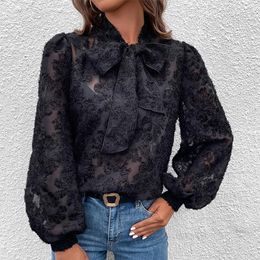 Women's Blouses Women Black Jacquard Hollow Out 2023 Spring Summer Bow Tie Long Sleeve Flower See Through Lace Shirts Tops