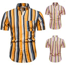 Men's T Shirts Men Spring Summer Top Shirt Stand Collar Pocket Stripe Casual Single Breasted Short Sleeve Fashion Lapel Blusas