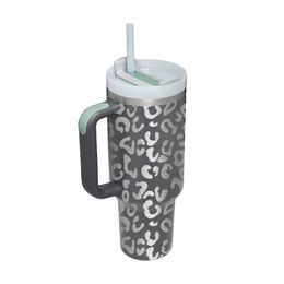 40oz Leopard Tumbler With Handle and Straw Reusable Insulated Coffee Cup Stainless Steel Travel Tumbler Big Capacity Water Bottle Cup 1200ml