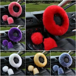 Steering Wheel Covers 3Pcs/Set Universal Car Faux Wool Gear Shift Rod Brake Fluffy Cover Decor Interior Accessories