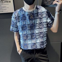 Men's T Shirts Premium T-shirt Fashion Short Sleeve Men's Clothing Summer Top Camisa Strange Plaid 3D Lace Blue Black Korean