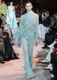 Zuhair Murad Evening Dress Lake Blue Wear a long-sleeved shirt and trousers with beads of the same color.