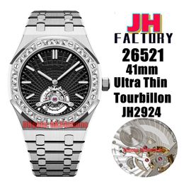JHFactory Watches 26521 Ultra Thin Tourbillon JH2924 Hand-winding Mechanical Mens Watch Diamond Bezel Black Dial Stainless Steel Bracelet Gents Wristwatches