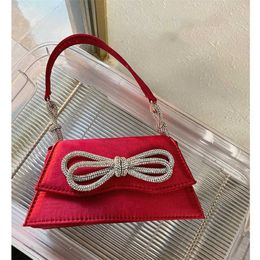 NEW Rhinestone Bow Fashion Handbags For 2022 Women Chic Boutique Shiny Crystal Satin Small Evening Clutch Purse Wedding Party 230304