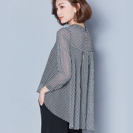 Women s Blouses Shirts Striped Long Sleeve Sunscreen Casual Chiffon Turn Down Collar Shirt Plus Size Clothing Blusas Mujer 230303