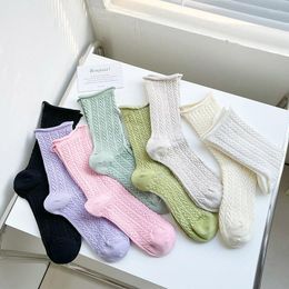 Women Socks Pure Color Spring Mid-tube Twist Woven Pattern Cute Curling Stacked Sweet All-match Kawaii Cotton