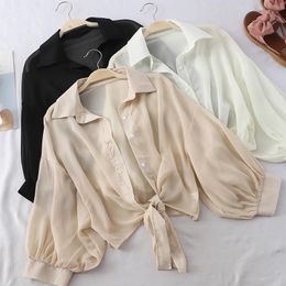 Women s Blouses Shirts Lantern Sleeve Chiffon Women Summer Transparent Beach Shawl Top Tied Waist Elegant Female Office Blouse M02 230303