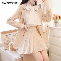 Two Piece Dress SWEETXUE Fashion Elegant Skirt Suit Plaid Blazer Suit Jacket Slim Mini Skirts White Bow Shirt 3 Pieces OL Sets 230303