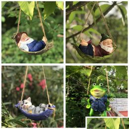 Garden Sets Creative Cute Frogs Cat Dog Resin Lying Santa Claus Statue Hang On Tree Decorative Pendant Indoor Outdoor Decor Ornament Dhkgu