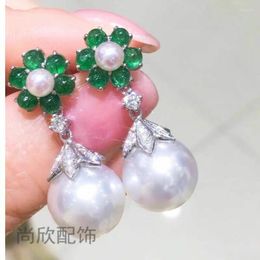 Dangle Earrings GORGEOUS 4-5MM 10-11MMT SOUTH SEA ROUND WHITE PEARL GREEN JADE EARRING 925S